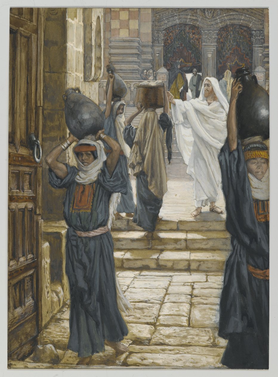 Jesus forbyder at bære byrder i templets forgård, illustration fra Vor Herre Jesu Kristi liv, 1886-94 (wc over grafit på papir) af James Jacques Joseph Tissot
