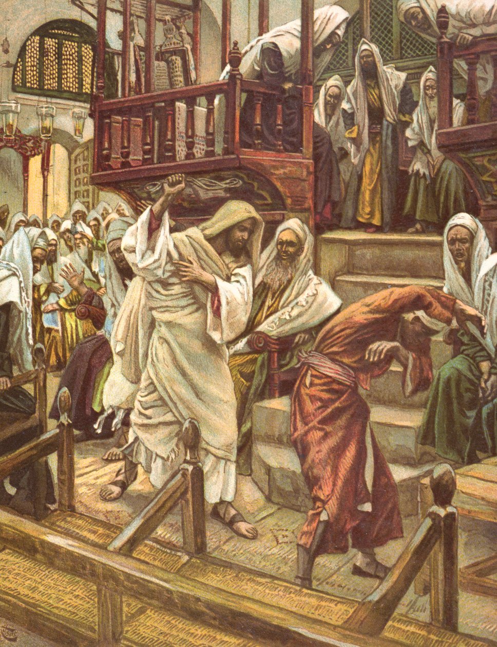 Jesus helbreder en mand besat af en dæmon i synagogen, illustration til "La Vie de notre Seigneur Jesus-Christ", udgivet i Tours 1896 af James Jacques Joseph Tissot