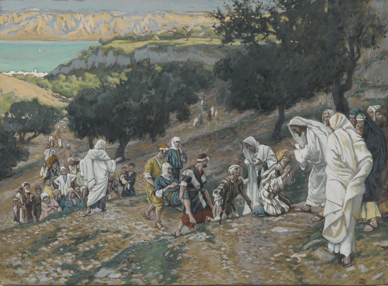 Jesus helbreder blinde og lamme på bjerget, illustration fra Vor Herre Jesu Kristi liv (wc over grafit på papir) af James Jacques Joseph Tissot
