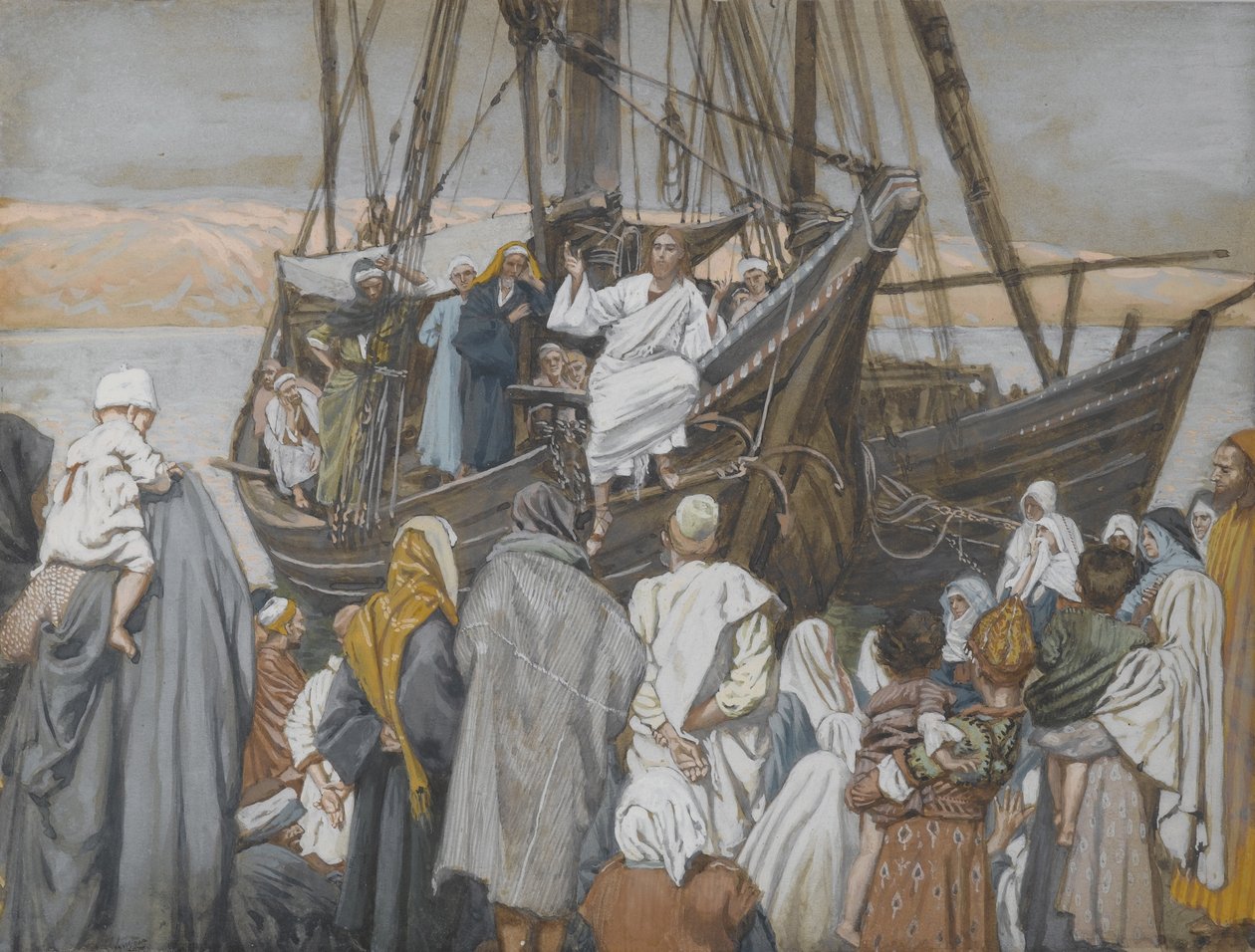 Jesus prædiker i et skib, illustration fra Vor Herre Jesu Kristi liv (wc over grafit på papir) af James Jacques Joseph Tissot