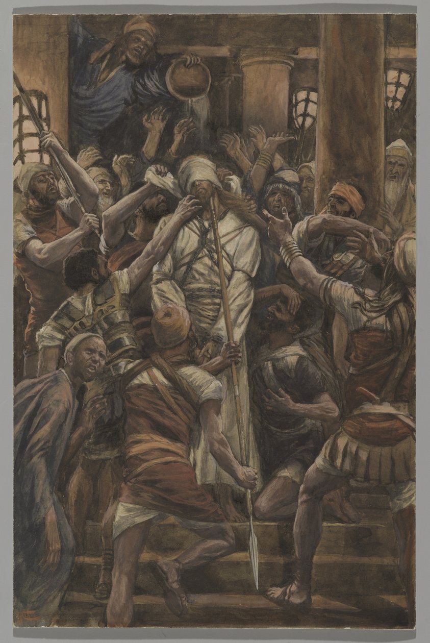 Mishandlinger i Kajfas-huset, illustration fra Vor Herre Jesu Kristi liv, 1886-94 (wc over grafit på papir) af James Jacques Joseph Tissot