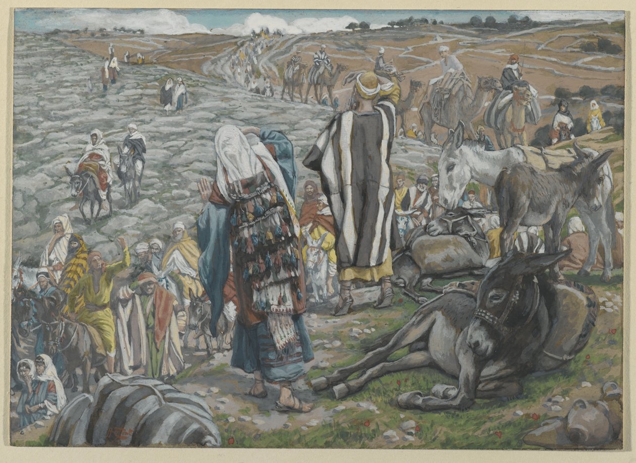 Ved hjemkomsten fra Jerusalem bemærkes det, at Jesus er fortabt, illustration fra Vor Herre Jesu Kristi liv (wc over grafit på papir) af James Jacques Joseph Tissot