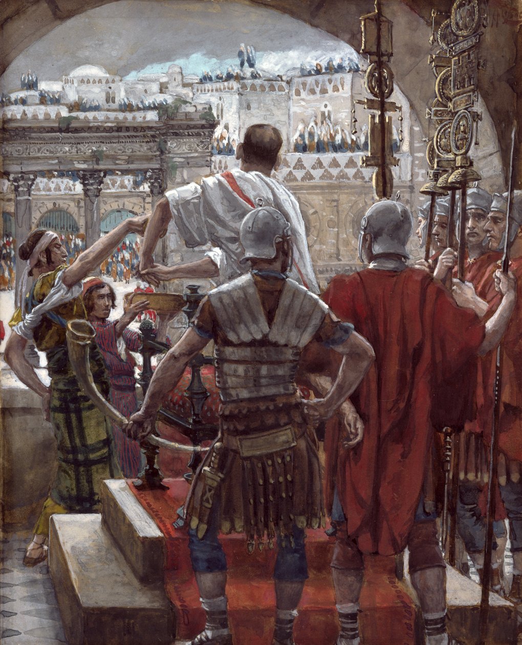 Pilatus vasker sine hænder, illustration til The Life of Christ, ca. 1886-94 (wc & gouache på pap) af James Jacques Joseph Tissot