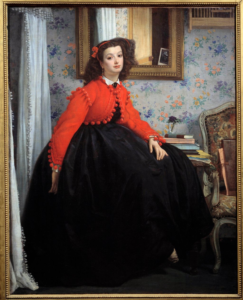 Portræt i fuld længde af Mademoiselle L. L., eller ung pige i rød jakke Maleri af Jacques Joseph (Jacques-Joseph) Tissot dit James Tissot (1836-1902) 1864 Søn. 1,24x0,99 m Paris, Orsay Museum af James Jacques Joseph Tissot