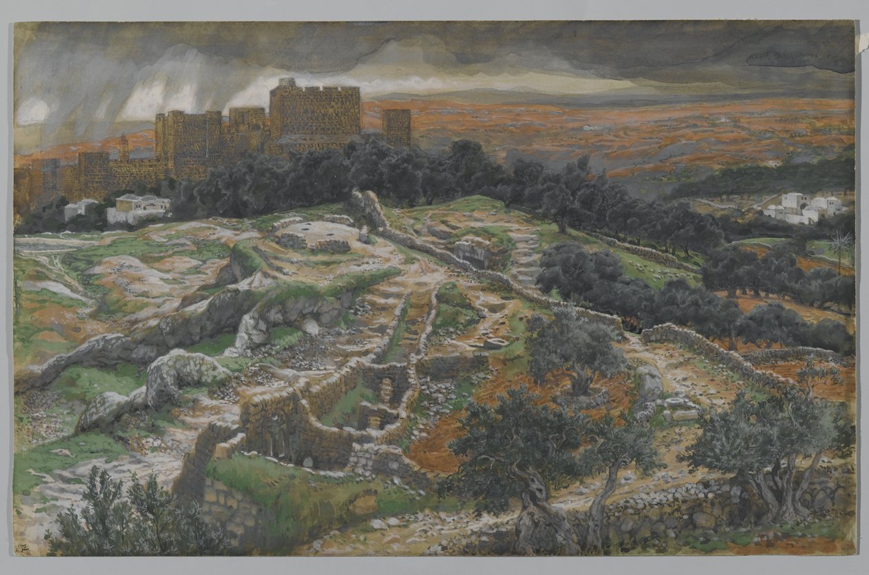 Rekonstruktion af Golgata og den hellige grav, set fra retsporten, illustration fra Vor Herre Jesu Kristi liv (wc over grafit på papir) af James Jacques Joseph Tissot