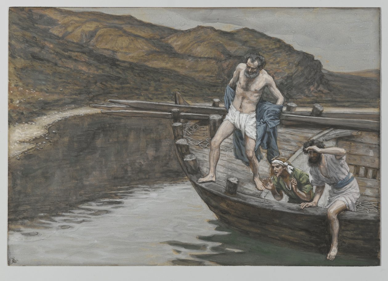 Sankt Peter advaret af Sankt Johannes om Herrens nærvær kaster sig selv i vandet, illustration fra Vor Herre Jesu Kristi liv, 1886-94 (wc over grafit på papir) af James Jacques Joseph Tissot