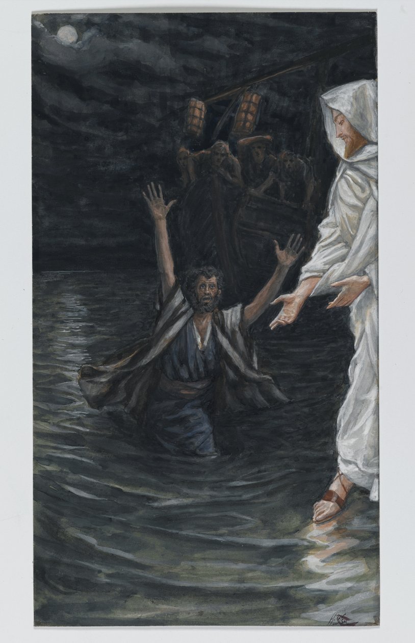 Sankt Peter går på havet, illustration fra Vor Herre Jesu Kristi liv (wc over grafit på papir) af James Jacques Joseph Tissot