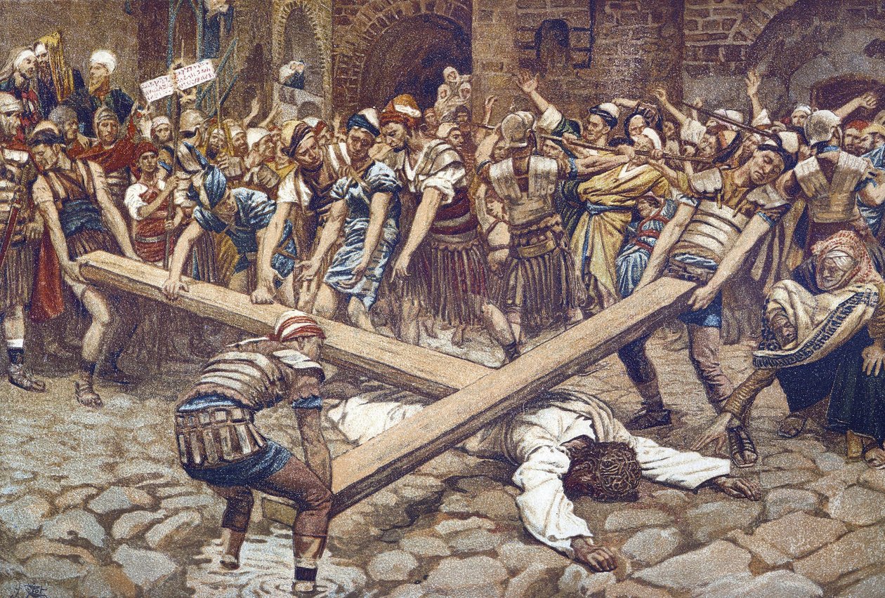 Simon de Cyrene Force to Wear the Cross - Simon of Cyrene tvunget til at bære korset - fra "" The Life of Our Lord Jesus Christ"" - 1899 af James Tissot - La vie de notre seigneur Jesus Christ, af Jacques Joseph (Jacques Joseph ) Tissot dit James Tissot ( af James Jacques Joseph Tissot