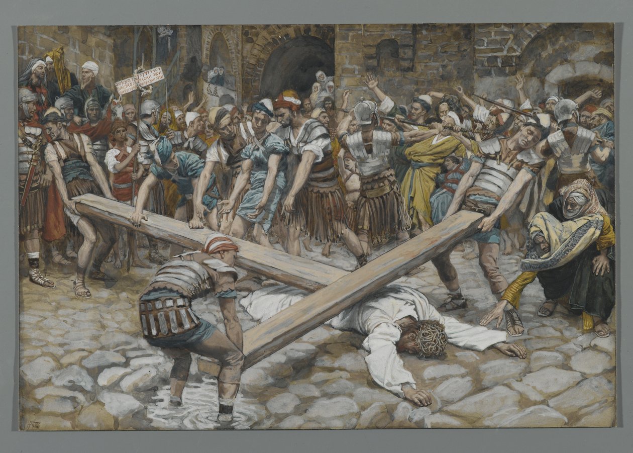 Simon den kyrenske tvunget til at bære korset med Jesus, illustration fra Vor Herre Jesu Kristi liv, 1886-94 (wc over grafit på papir) af James Jacques Joseph Tissot