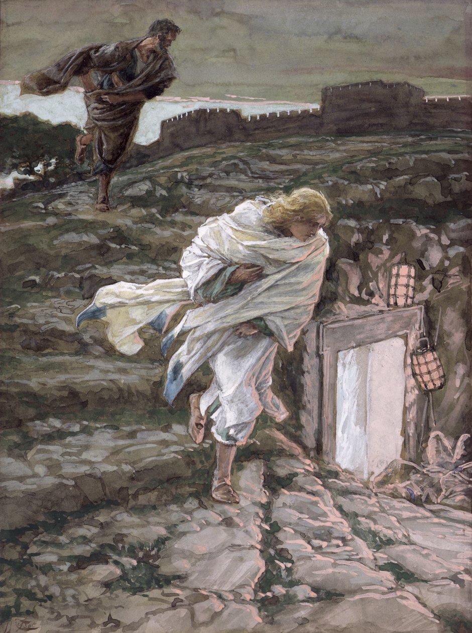 St. Peter og St. John løber til graven, illustration til Kristi liv, ca. 1886-94 (wc & gouache på pap) af James Jacques Joseph Tissot