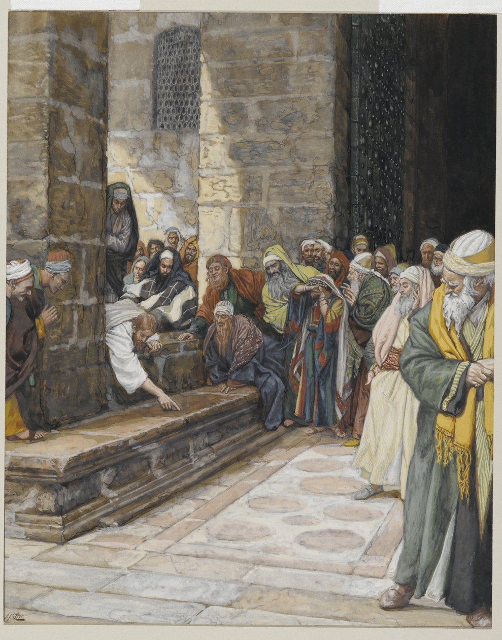 Den utro kvinde - Kristus skriver på jorden, illustration fra Vor Herre Jesu Kristi liv, 1886-94 (wc over grafit på papir) af James Jacques Joseph Tissot