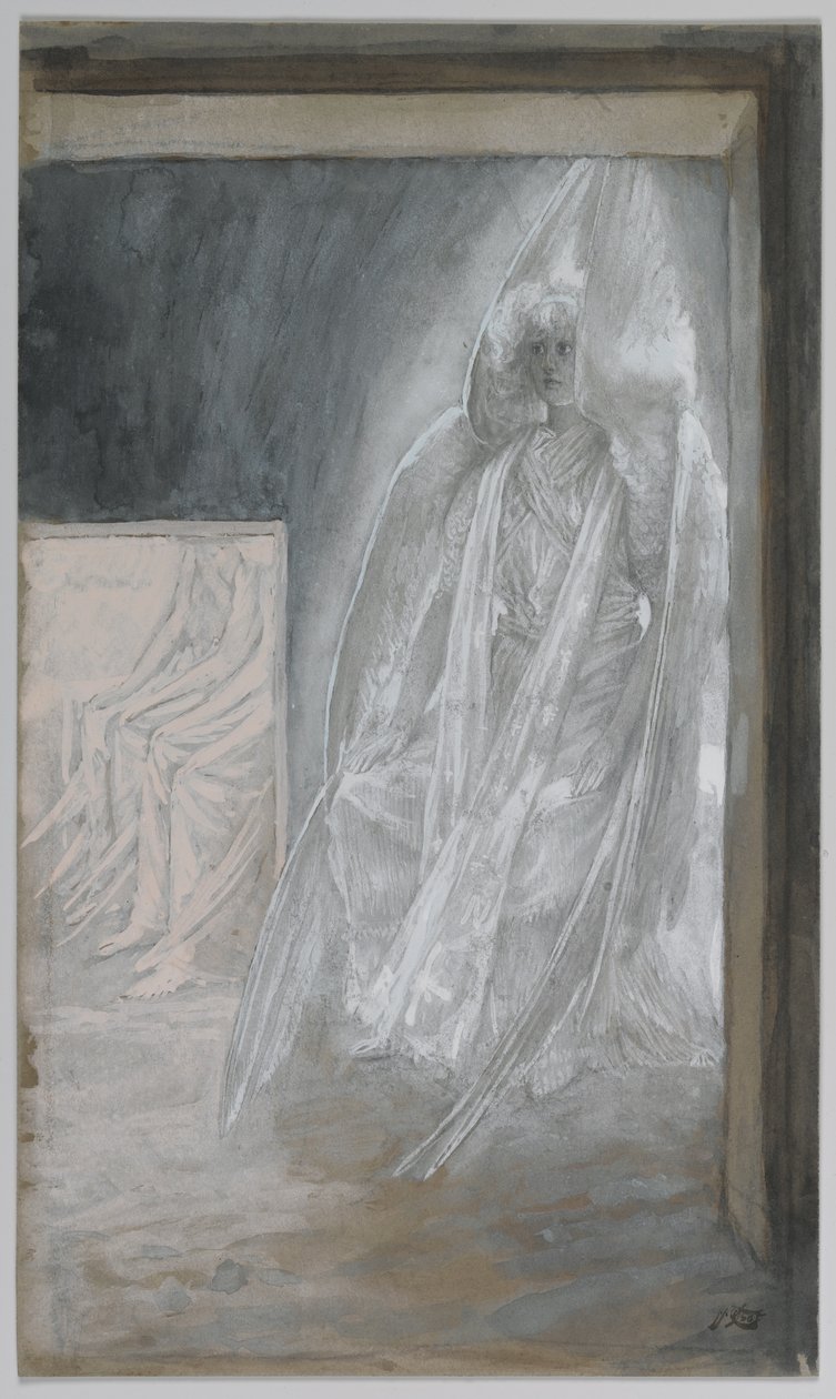 Englen sidder på gravstenen, illustration fra Vor Herre Jesu Kristi liv, 1886-94 (wc over grafit på papir) af James Jacques Joseph Tissot