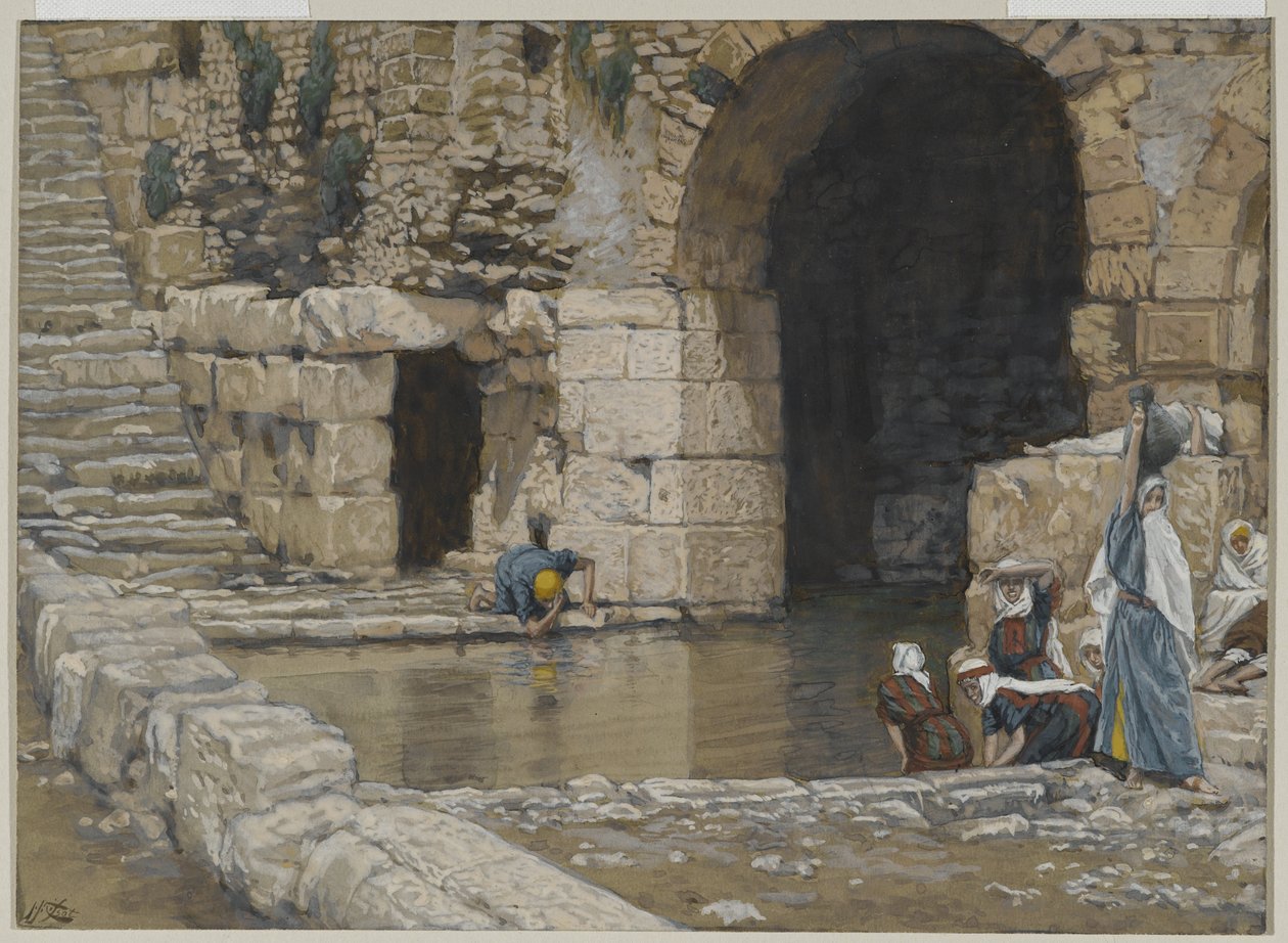 Den blinde mand vasker sig i Siloam-dammen, illustration fra Vor Herre Jesu Kristi liv, 1886-96 (wc over grafit på papir) af James Jacques Joseph Tissot