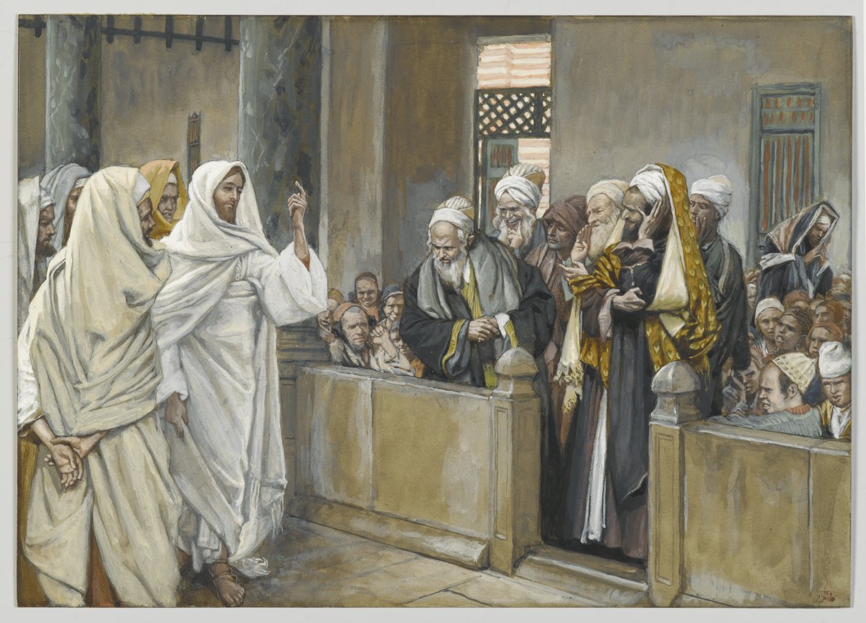 Ypperstepræsterne spørger Jesus med hvilken ret han handler på denne måde, illustration fra Vor Herre Jesu Kristi liv, 1886-94 (wc over grafit på papir) af James Jacques Joseph Tissot