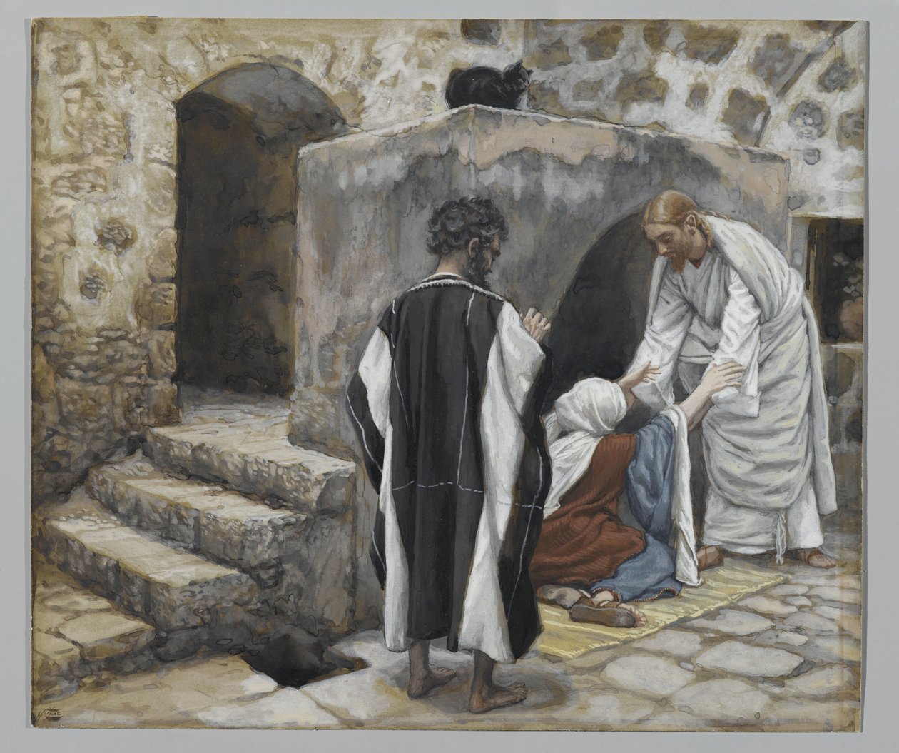 The Healing of Peters Svigermor, illustration fra Vor Herre Jesu Kristi liv (wc over grafit på papir) af James Jacques Joseph Tissot