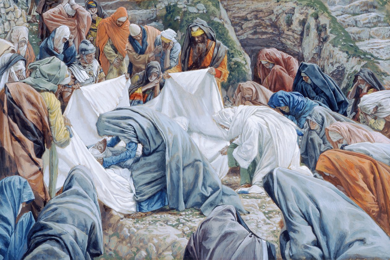 Den hellige jomfru kysser Kristi ansigt, før det pakkes ind i det snoede ark, illustration til The Life of Christ, ca. 1886-94 (wc & gouache på pap) af James Jacques Joseph Tissot