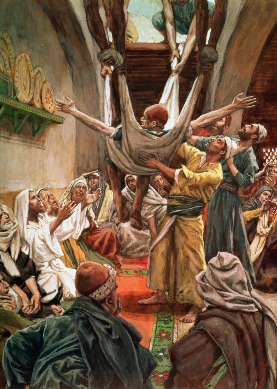 Den palsiede mand sluppet ned gennem taget, illustration til The Life of Christ, ca. 1886-94 af James Jacques Joseph Tissot
