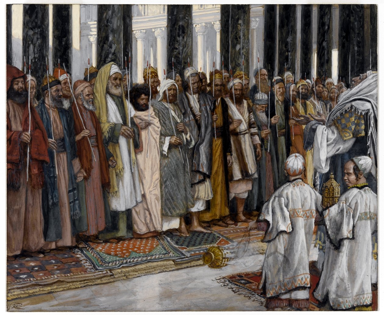 The Testing of the Holy Virgins bejlere, illustration til The life of Christ, ca. 1886-94 (ugennemsigtigt wc over grafit på gråt vævet papir) af James Jacques Joseph Tissot