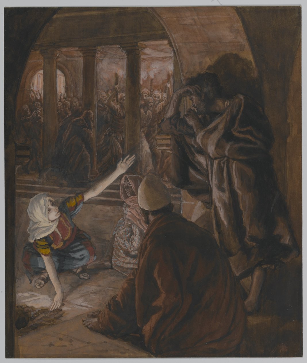 The Third Denial of Saint Peter - Jesus Look of Reproach, illustration fra The Life of Our Lord Jesus Christ, 1886-94 (wc over grafit på papir) af James Jacques Joseph Tissot