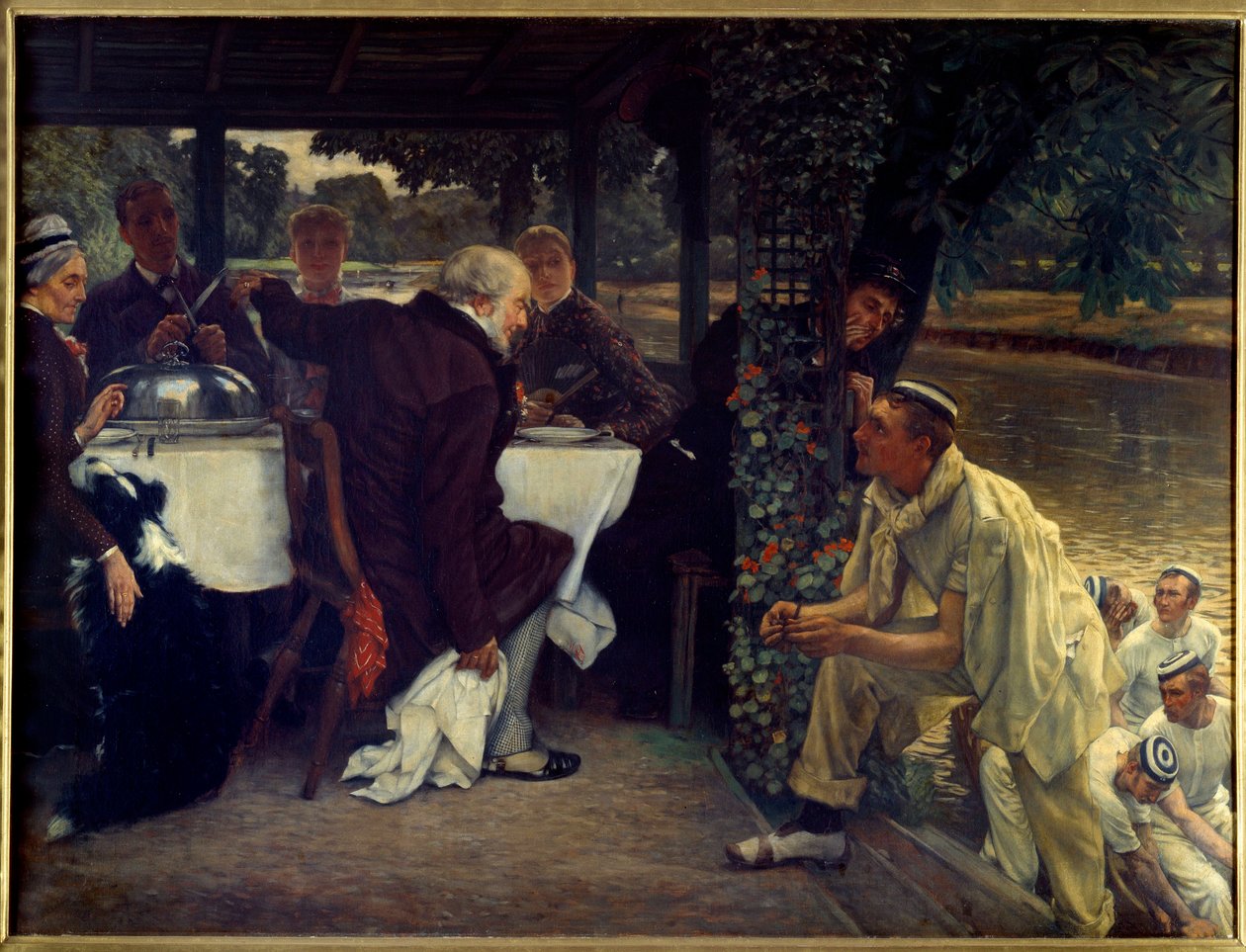 Den fortabte søns tilbagevenden: den fede kalv Moderne tilpasning af lignelsen om det fortabte barn, der vender tilbage til sin angrende far. Maleri af Jacques Joseph (Jacques-Joseph) Tissot dit James Tissot (1836-1902) 1880 Søn. 1x1,3 m Nantes, musee des  af James Jacques Joseph Tissot