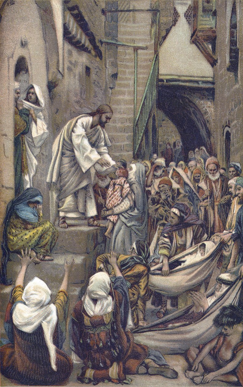 Hele byen var samlet ved døren - Hele byen blev samlet ved døren - fra "" The Life of Our Lord Jesus Christ"" - 1899 af James Tissot - Og hele byen var samlet ved dens dør - Mark 1: 33 - Vor Herre Jesu Kristi liv, af af James Jacques Joseph Tissot