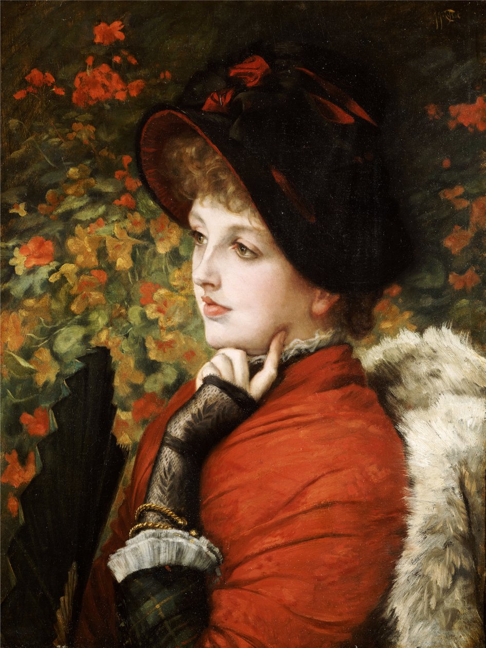 Skønhedstype: Portræt af fru Kathleen Newton i rød kjole og sort hætte, 1880 af James Jacques Joseph Tissot