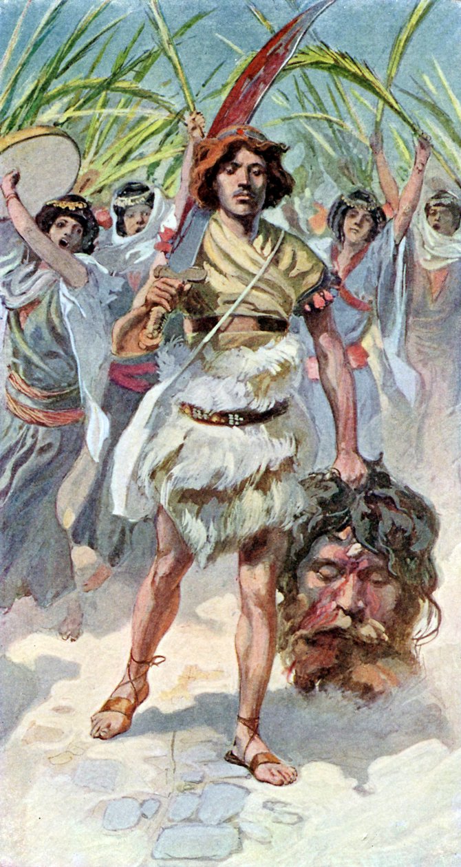 David tager Goliats hoved til Jerusalem - Bibelen af James Jacques Joseph after Tissot