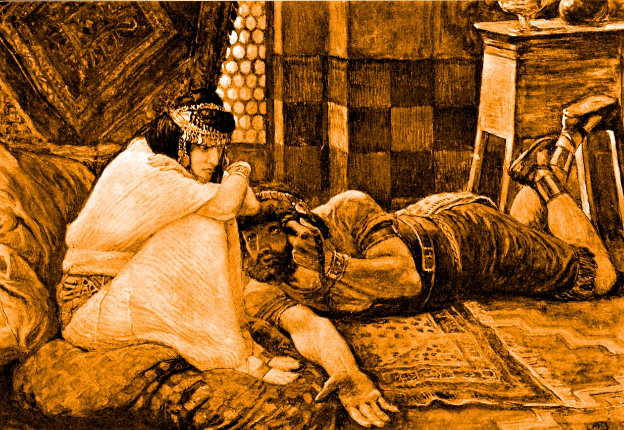 Samson afslører sin hemmelighed for Delila - Bibelen af James Jacques Joseph after Tissot