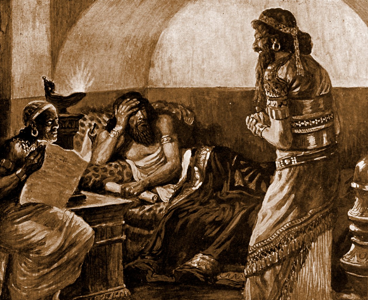 Krønikerne læses for Ahasverus - Bibelen af James Jacques Joseph after Tissot