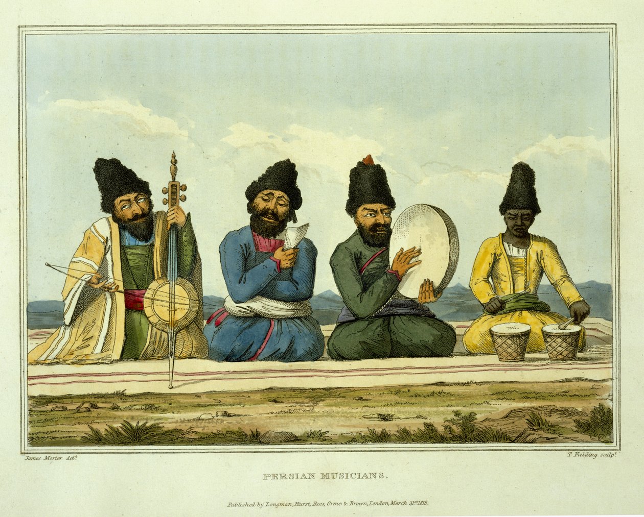 Persiske musikere, fra "Journey through Persia, Armenia, and Asia Minor, to Constantinople, in the Years 1808 and 1809", graveret af T. Fielding, udgivet 1816 af James Justinian Morier