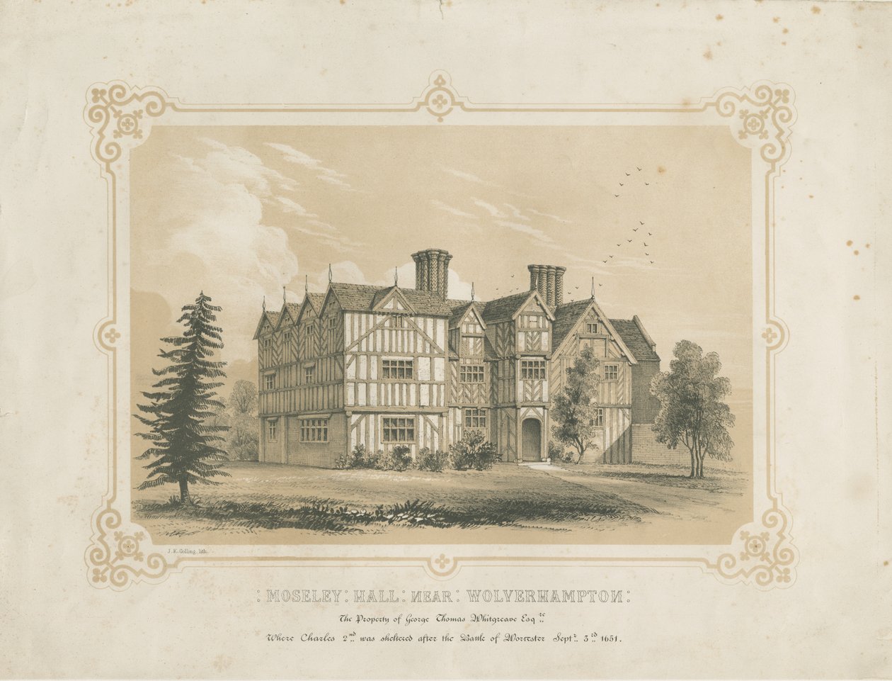 Bushbury - Moseley Old Hall: litografi og [?1700-tallet] af James Kellaway Colling