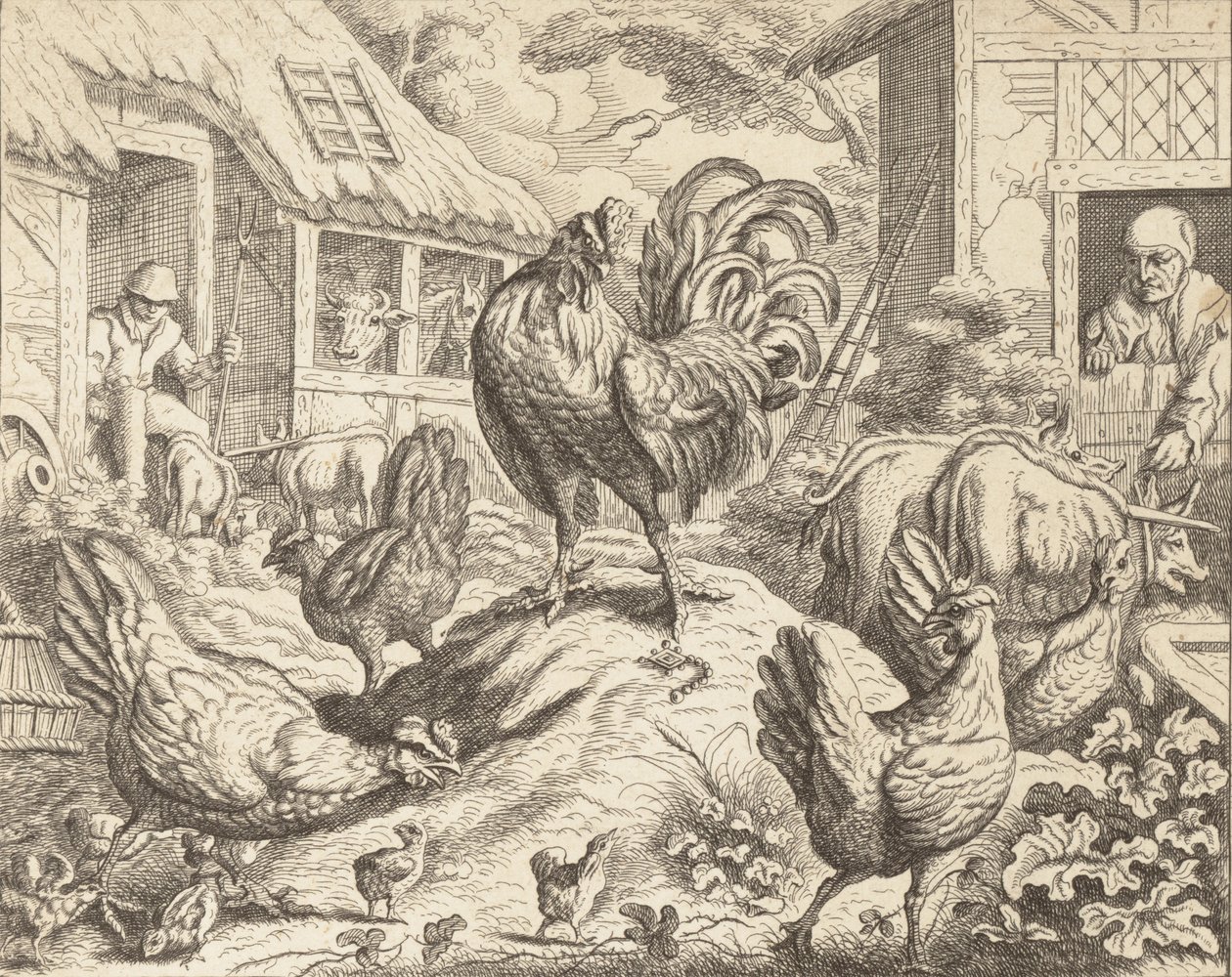 Hanen og ædelstenen, fra Æsops fabler, ca. 1760. af James Kirk