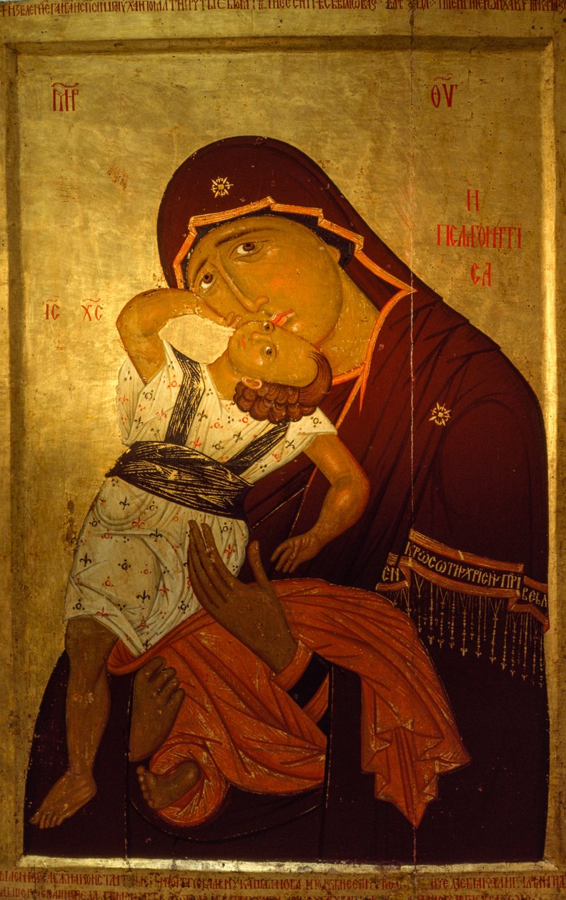 En ikon af jomfruen og barnet, der afspejler den sene byzantinske stil. SKOPJE KUNSTGALLERI... af James L Stanfield