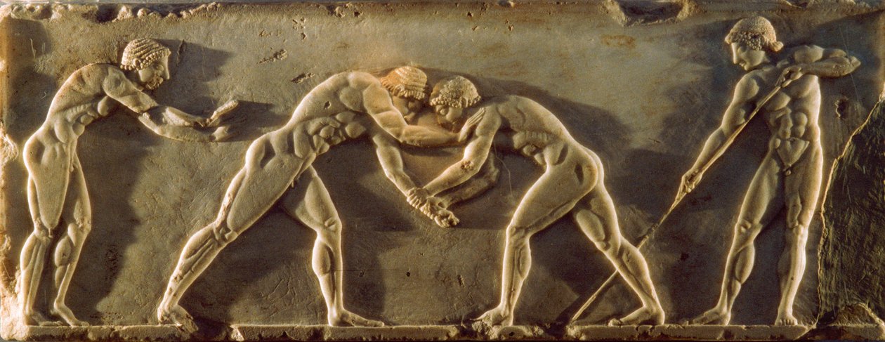 Antikke græske atleter afbildet på et basrelief fra det 6. århundrede f.Kr. Nationalarkæol... af James L Stanfield