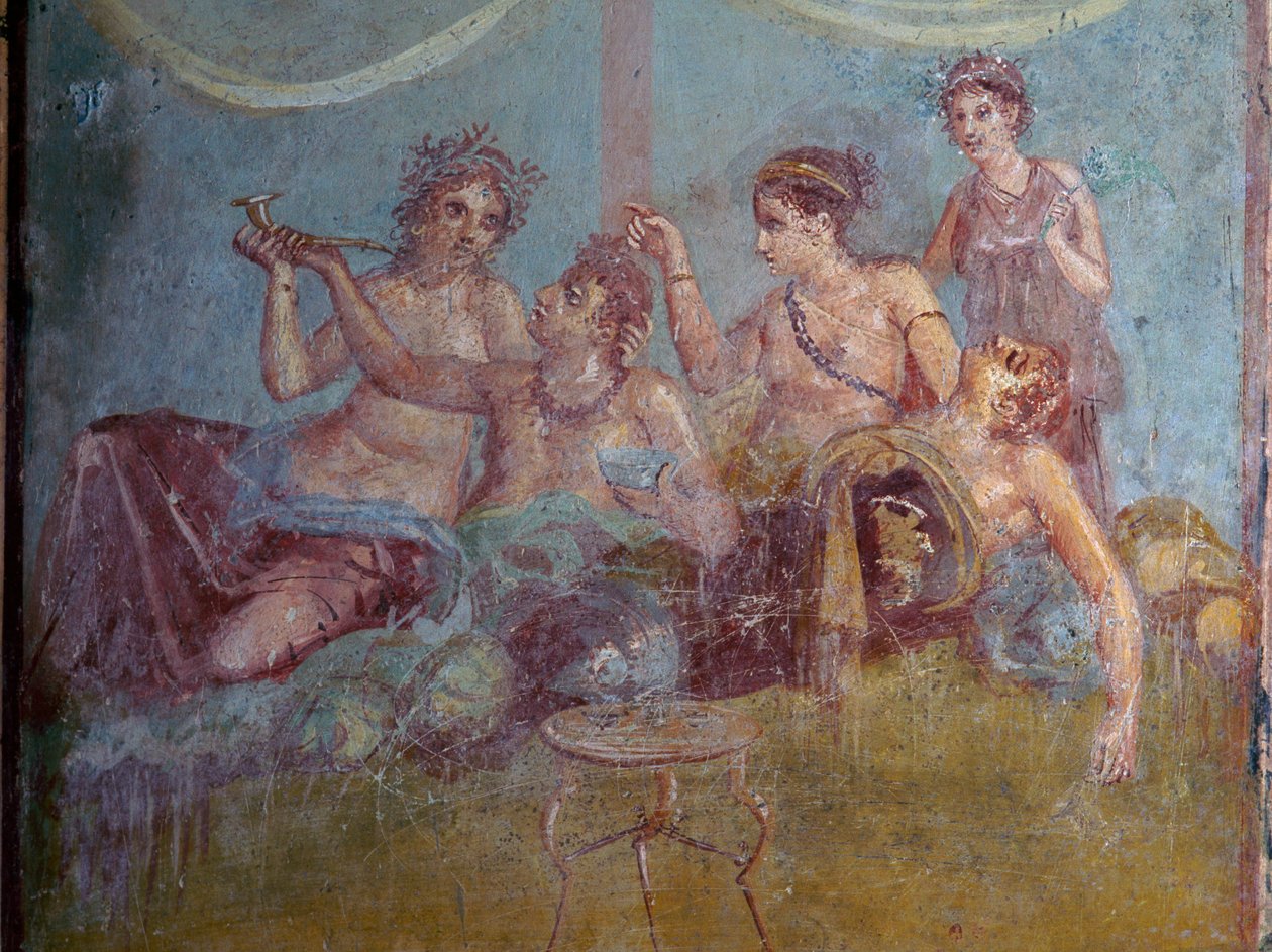 Fresko af romersk overklasse i luksus, der nyder livet, afdækket i Pompeji. Pompeji, Italien. af James L Stanfield