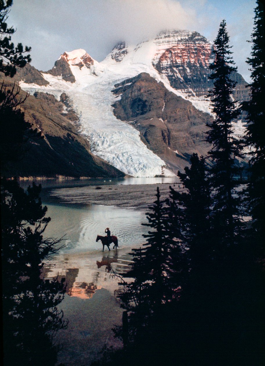 En enlig hest og rytter reflekterer over søen ved foden af Canadas højeste bjerg. Mount Robson... af James L Stanfield