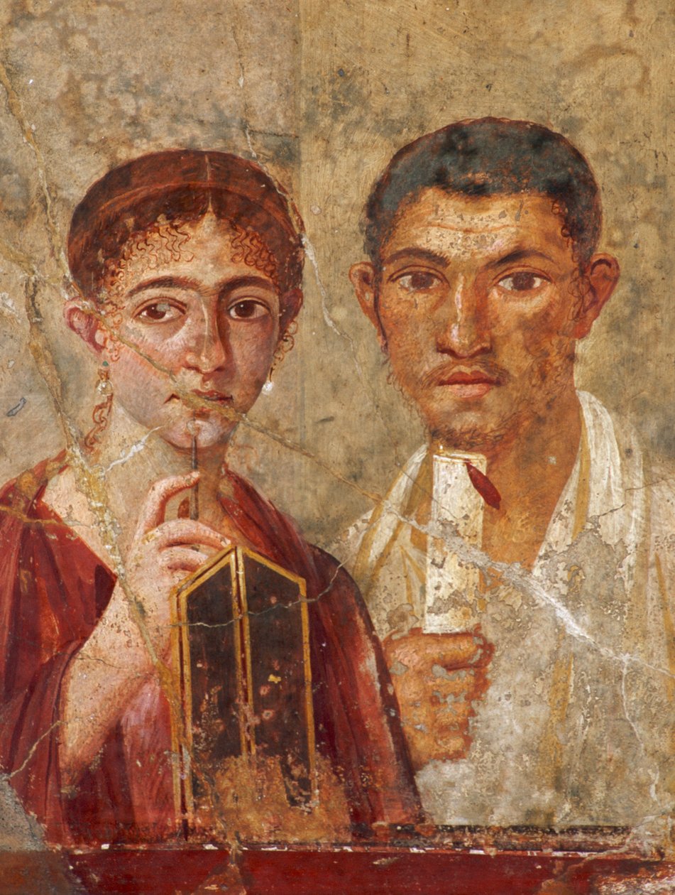 Romersk fresko fundet i Pompeji viser et par, der holder skriveredskaber. Museo Archeolo... af James L Stanfield