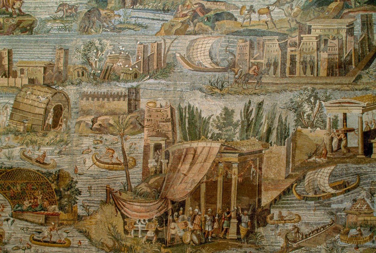 Romersk mosaik, der viser et fantasifuldt billede af Nilen i oversvømmelse. Museo Archeolog... af James L Stanfield