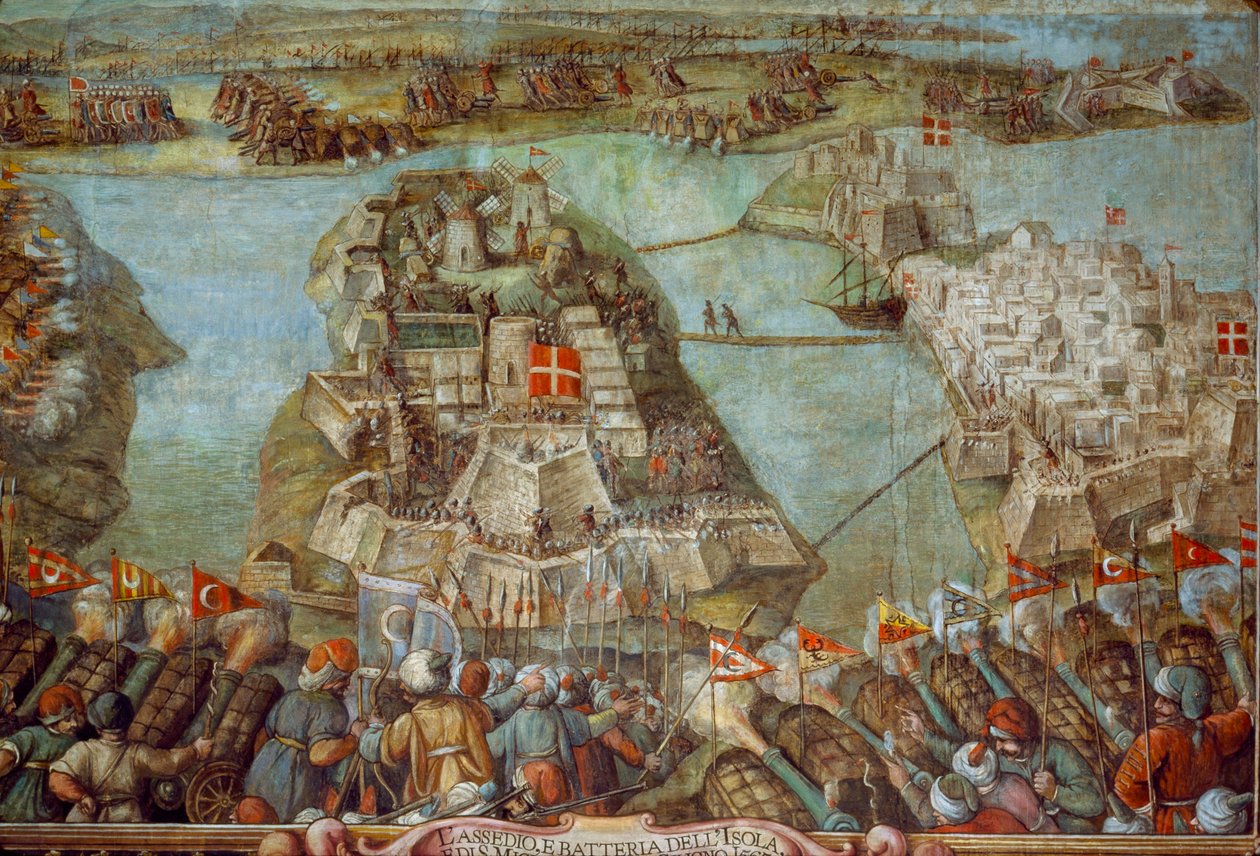 Denne fresko skildrer den tyrkiske belejring af Malta i 1565. Kunstværk. af James L Stanfield