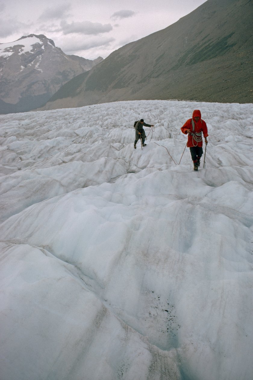 To tøjrede bjergbestigere på en gletsjer nærmer sig en sprække. Mount Robson Prov... af James L Stanfield