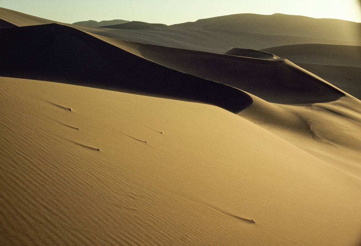 Udsigt over skarptskårne, skyggefulde klitter nær Dunhuang. Gansu-provinsen, Folkerepublikken Kina. af James L Stanfield