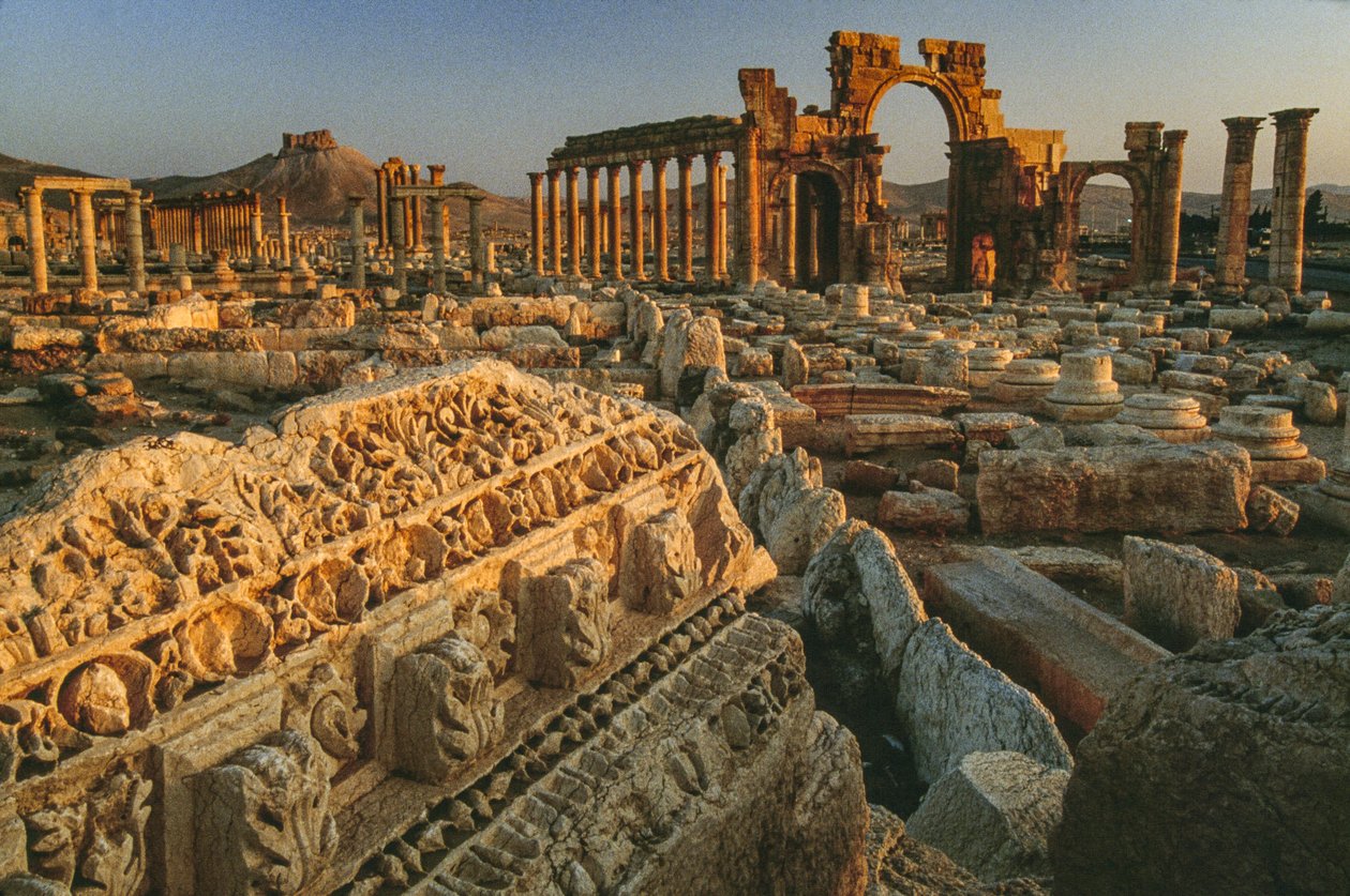 Udsigt over de romerske ruiner i Palmyra. PALMYRA, SYRIEN. af James L Stanfield