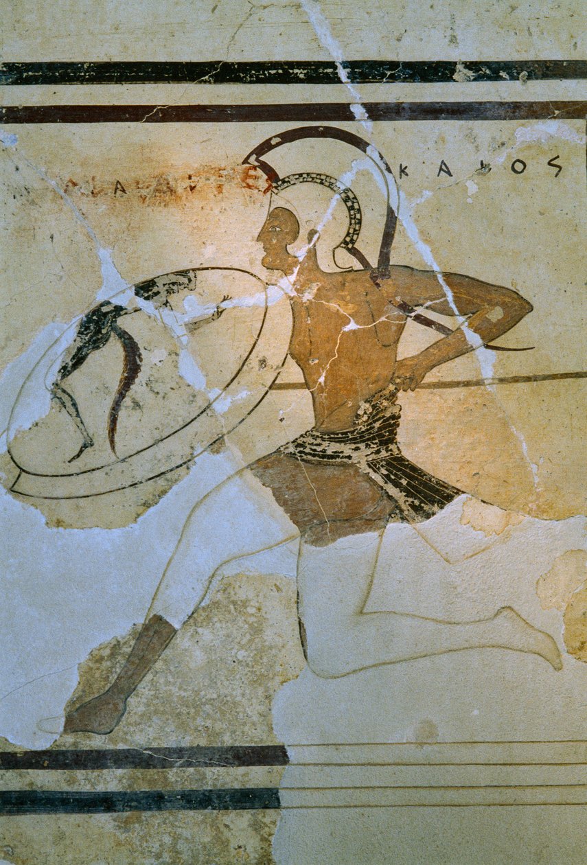 Vægfreske af en Hoplitodromos aka hoplitodromia-løber. Akropolis Museum. Athen, Grækenland. af James L Stanfield
