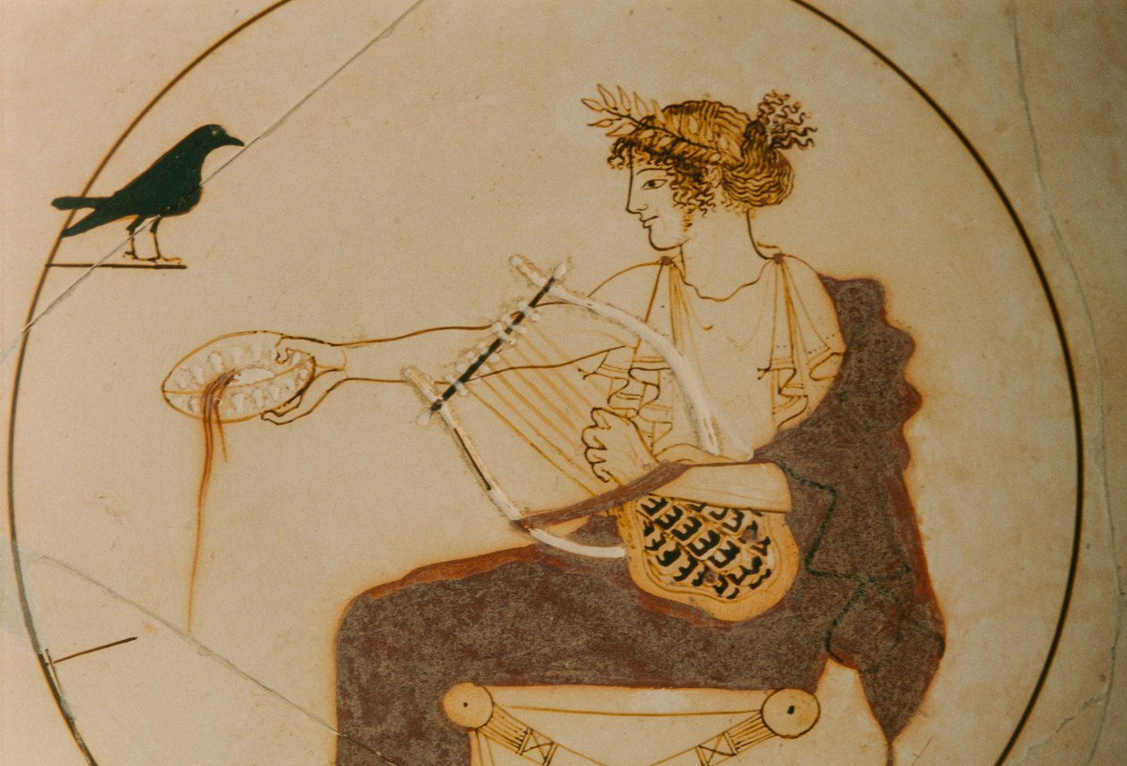 Hvidgrundet kylix dekoreret med en fremstilling af Apollon. Guden sidder på en... af James L Stanfield