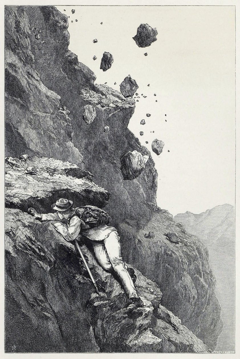 A Cannonade on the Matterhorn, fra Scrambles amongst the Alps i årene 1860-69, pub. 1871 (gravering) af James Mahoney
