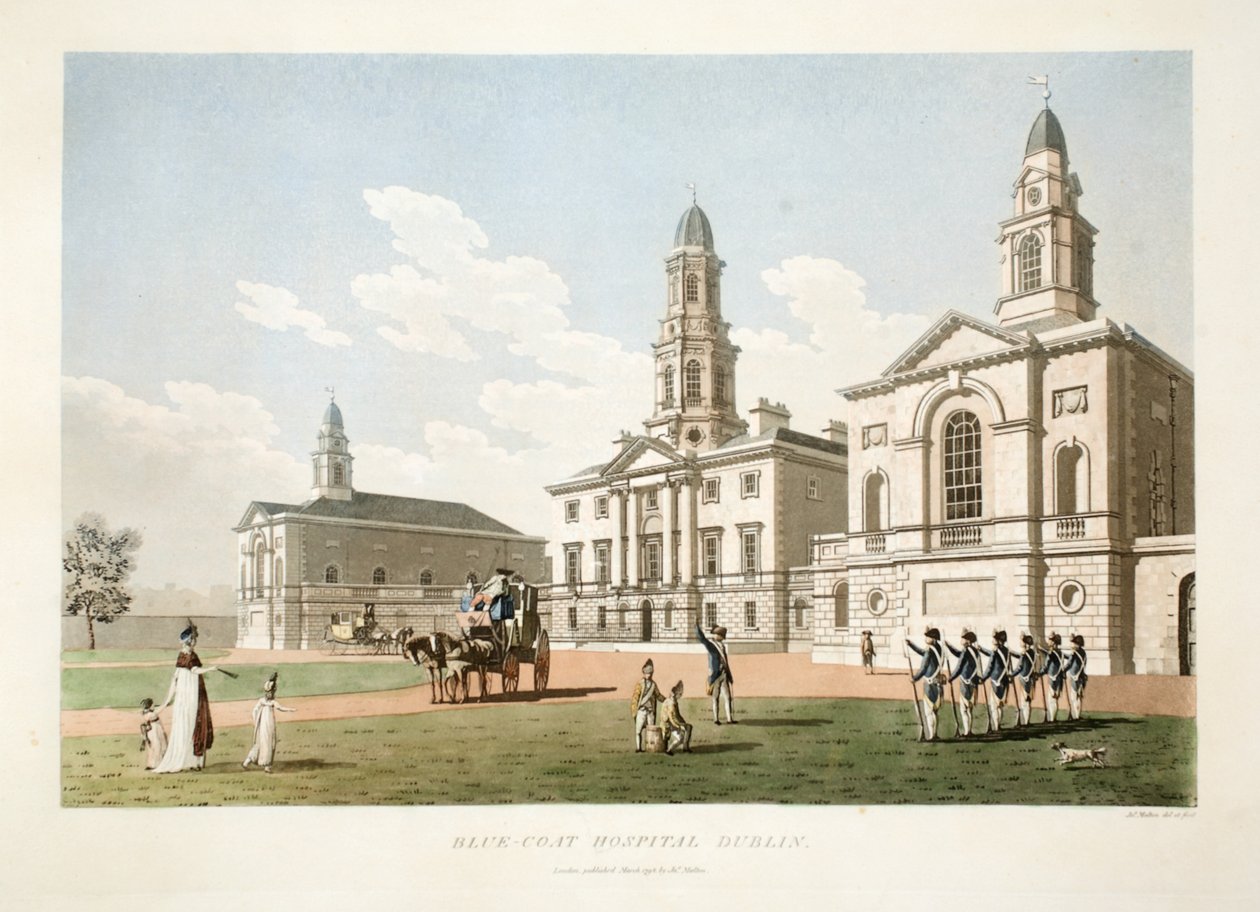 Blue-coat Hospital, Dublin, 1798 (håndfarvet gravering) af James Malton