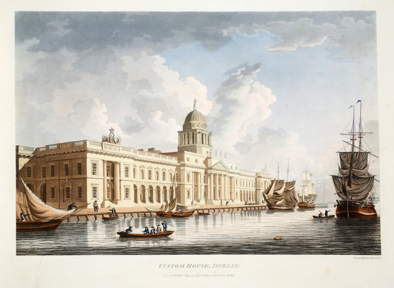 The Custom House, Dublin, 1792 (håndfarvet gravering) af James Malton