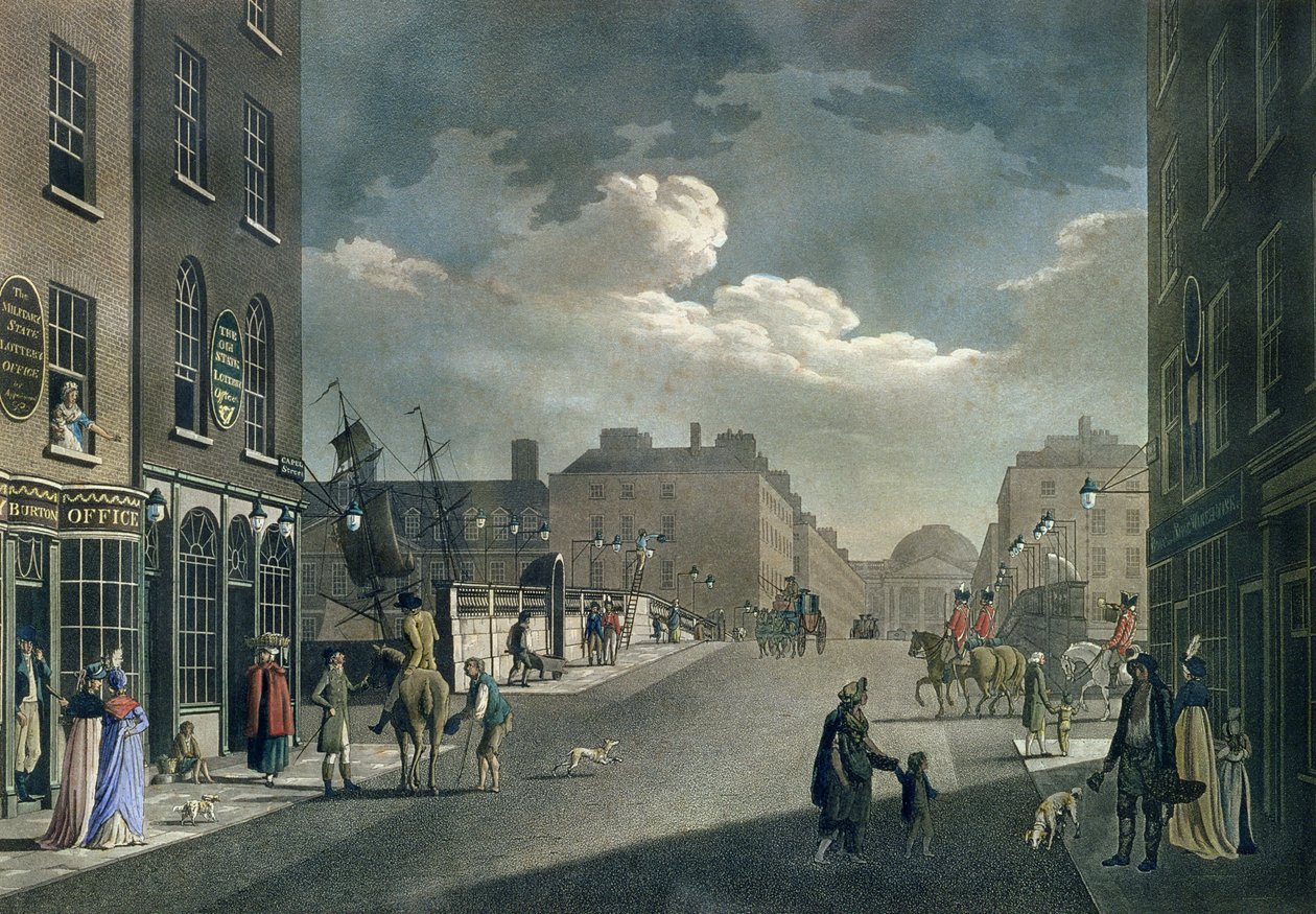 Udsigt fra Capel Street, med udsigt over Essex Bridge, Dublin, fra "A set of twenty views of Dublin", 1797 af James Malton