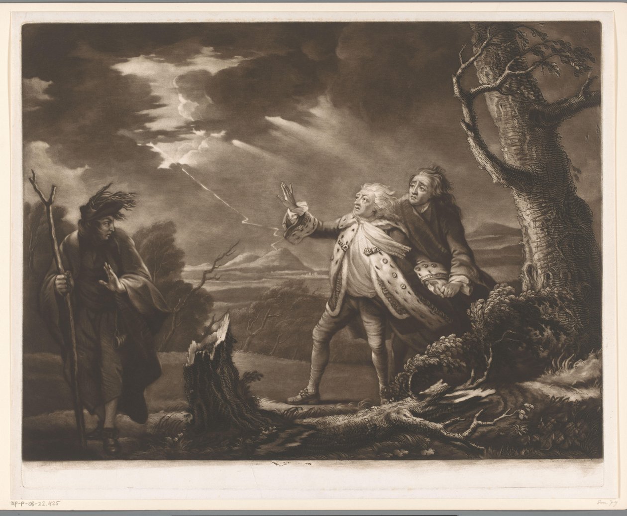 David Garrick som kong Lear med jarlen af ​​Kent og Edgar forklædt som Tom i et stormfuldt landskab af James McArdell