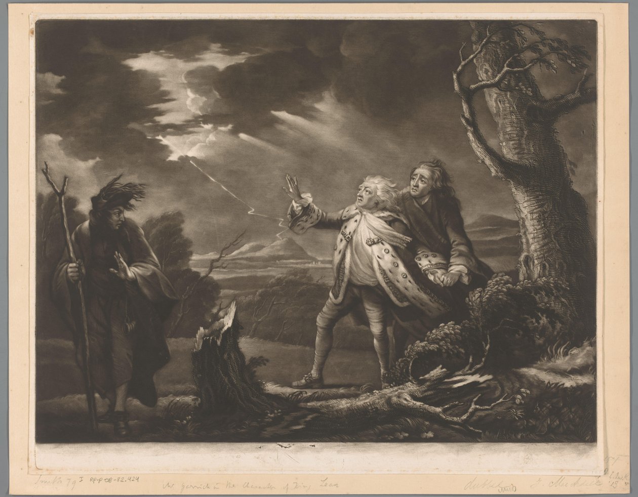 David Garrick som kong Lear med jarlen af ​​Kent og Edgar forklædt som Tom i et stormfuldt landskab af James McArdell